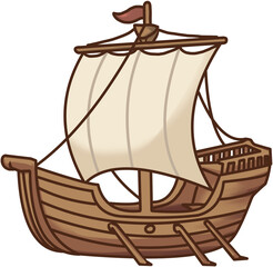 Cute cartoon vintage wooden sailing ship with white sails and red flag clipart illustration on transparent background © yoonjeong