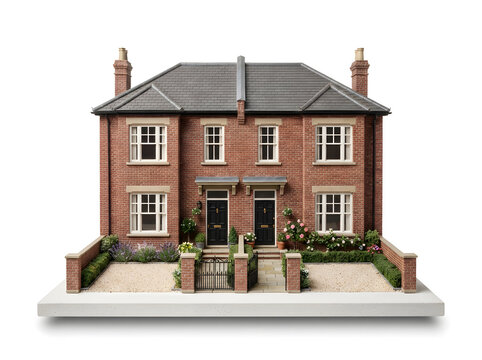 Realistic brick house model with front garden and pathway displayed on white surface