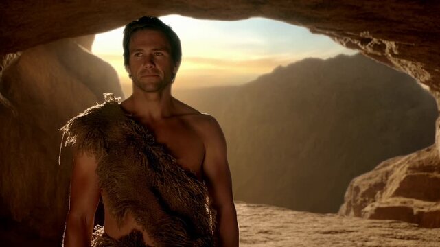 Adult man stands at rocky cave entrance wearing rough fur garment, facing forward as warm sunset light outlines his figure against rugged mountains and sandy desert terrain