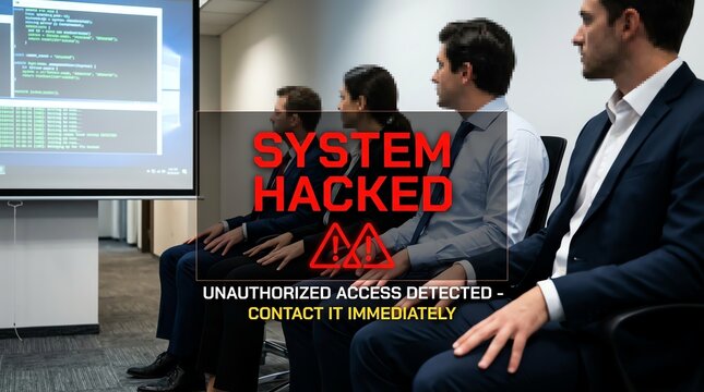 Business team reacting to cyber attack alert in office meeting