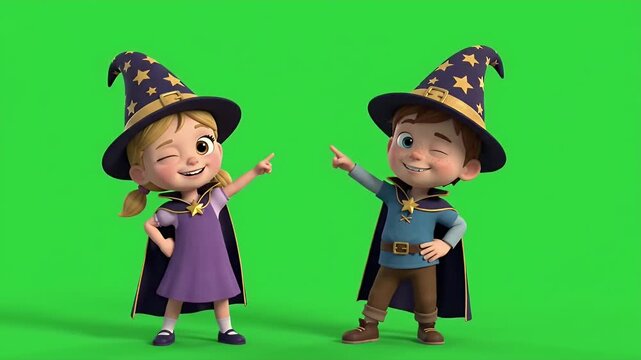 Cartoon Children in Matching Wizard Outfits Dancing on Green Screen - Two cheerful cartoon children, a girl and a boy, are dressed in matching wizard hats and capes and perform a synchronized dance