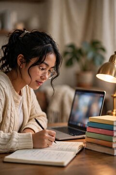 Student studying at home with laptop and stack of books under warm lamplight