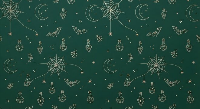 Seamless monoline pattern of mystic halloween elements with spider webs bats and magic potion bottles on dark green background
