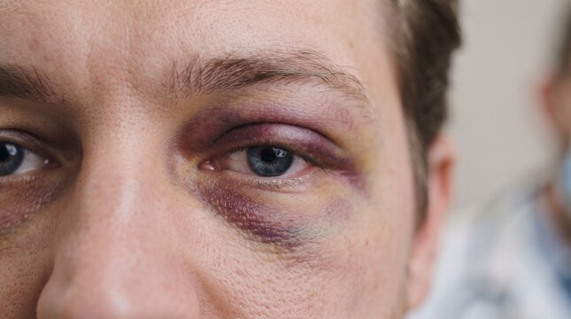 Man with painful black eye from a facial injury or accident