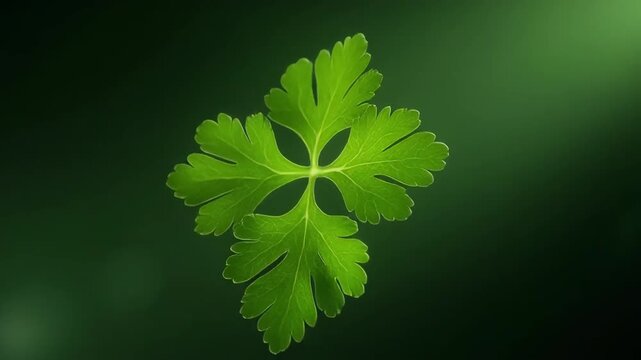 Video of a single cilantro leaf gracefully floating in midair, gently rotating under soft professional studio lighting, every micro vein and serrated edge rendered in realistic detail