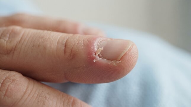 Infected finger showing paronychia and peeling cuticle skin