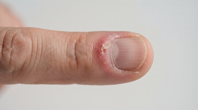 Close up of an infected finger with swollen paronychia