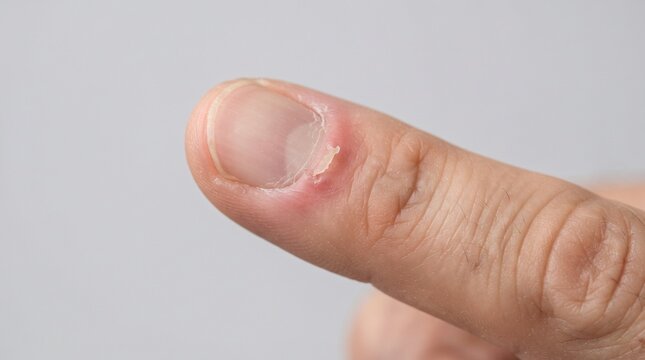 Inflamed finger with paronychia condition around the nail bed