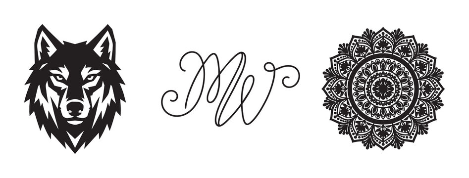 Wolf head silhouette, script initials and mandala illustration set for design