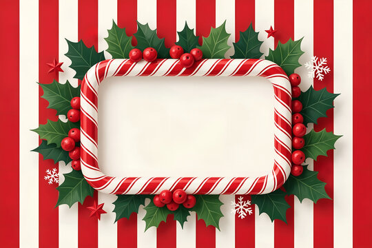 Festive Christmas background template with red and white stripes, candy cane frame, holly, snowflakes, and copy space for greeting cards and promo banners