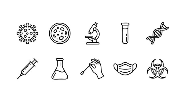 Laboratory medical line icons set, 10 science research symbols, minimalist black outline healthcare graphics for clinical testing