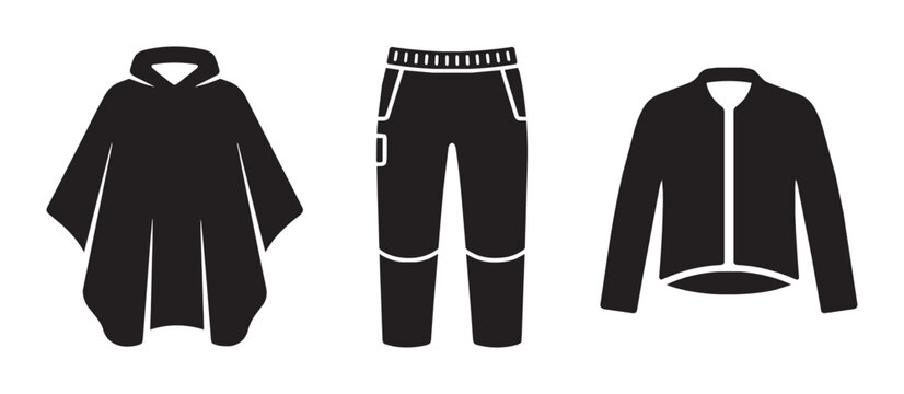 Clothing set with poncho, pants, and jacket silhouettes for outdoor wear, logo, and print
