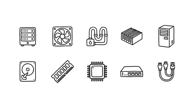 Computer hardware icons set, 10 technical line art symbols of PC components, black and white electronic parts illustrations for web design