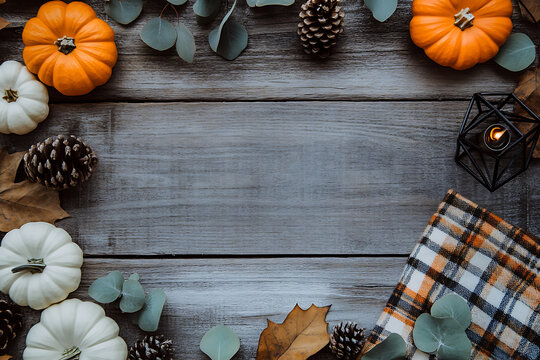 Top-down flat lay on a rustic weathered wooden table framed by pumpkins pinecones eucalyptus plaid cloth and candle