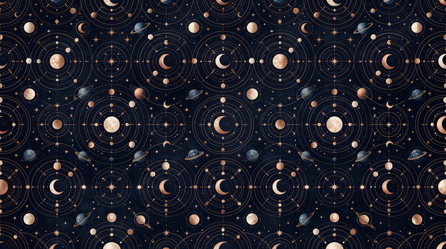 dreamy seamless pattern featuring tiny moons, stars, planets and orbital circles, dark elegant background, modern celestial aesthetic, crisp decorative details
