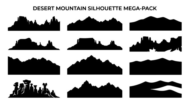 Desert mountain ranges silhouettes set with mesas, buttes and rock formations for landscape design