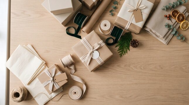Wrapped gifts with ribbon and twine on a light wood surface festive presentation