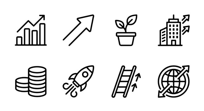 Company growth icons set with graph, arrow, plant, building, coins, rocket, ladder and globe for business and finance