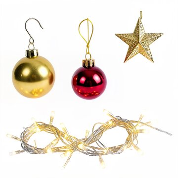 Golden and red ornaments dangle alongside a star and fairy lights. Festive decorations glow.