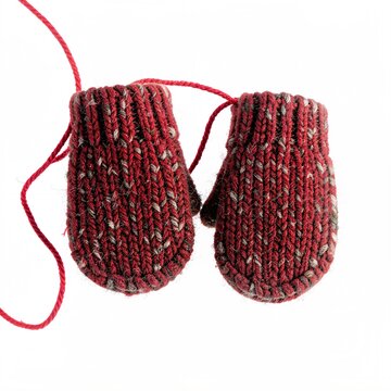 Two knitted mittens dangle from a red string. They feature a textured, patterned knit and a dark thumb.