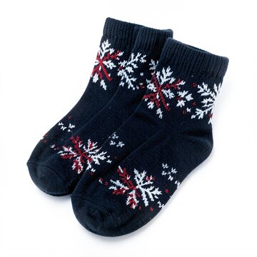 Dark blue socks display a festive snowflake pattern in white and red. They feature a ribbed texture.