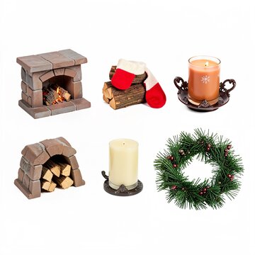 A miniature scene depicts a cozy fireplace with burning logs, a candle, and striped socks. A wreath and another small fireplace complete the winter vignette.