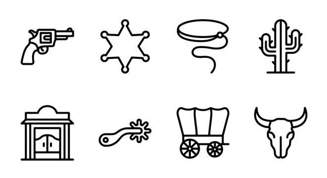 Wild West icon set with revolver, sheriff star, lasso, cactus, saloon, spur, wagon and bull skull for western themes
