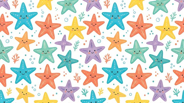 Vibrant Hand-Drawn Starfish Seamless Pattern Featuring Cheerful Sea Stars In A Playful Flat Style Ideal For Summer Textiles Kids Apparel Nursery Decor And Ocean Inspired Craft Projects On A Clean