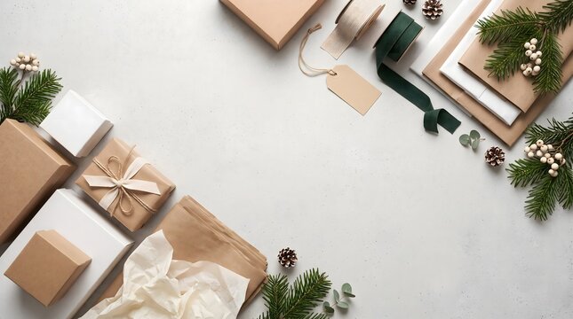 Festive gift wrapping supplies on white surface with evergreen branches and pinecones