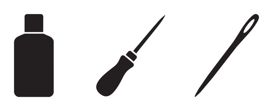 Sewing needle, awl and bottle silhouettes set for craft and DIY projects