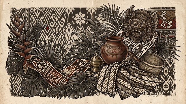 Traditional Indonesian heritage hand drawn illustration with Balinese barong mask, ethnic batik textile patterns, clay pot, and tropical leaves