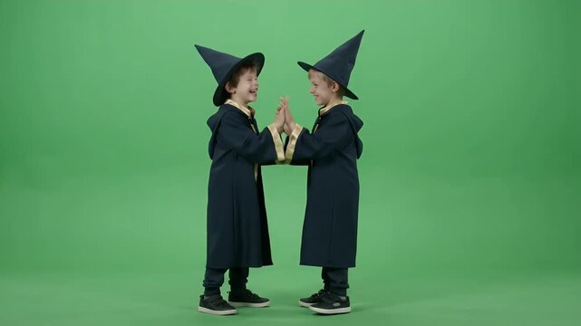 Two Little Boys in Matching Wizard Robes Dancing Joyfully - Two young boys in matching dark blue wizard robes and pointed hats are holding hands and laughing together.
