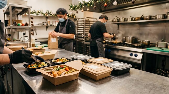 Restaurant kitchen staff preparing takeout orders during the holiday season with safety precautions
