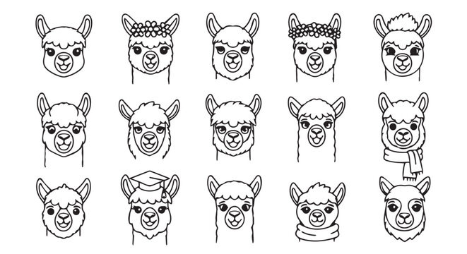 Cute llama portraits with simple line art style and diverse accessories for playful designs
