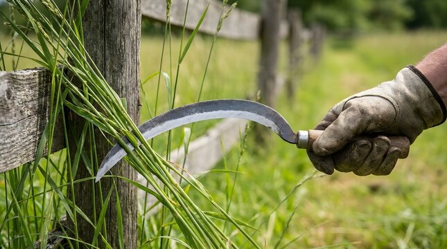 Close up of a person's hand wearing a protective work glove cutting long green grass with a sharp traditional hand sickle near an old wooden fence in a rural farm garden or meadow during summer.