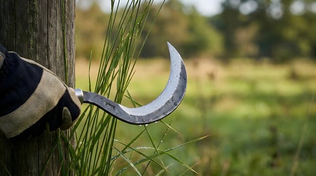 Close-up of a person wearing protective work gloves using a sharp traditional metal sickle to cut long green grass in a rural field or garden during a bright day, highlighting manual farming work.
