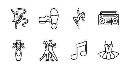 Dance icons set with ribbon dancer, ballet slipper, tap shoe, pole dancer, music note, ballroom couple, boombox and tutu for performance © Kabir