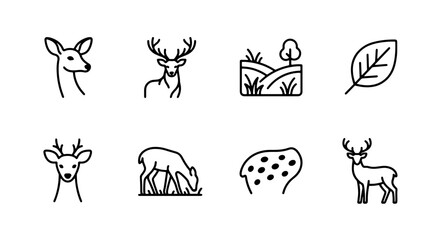 Fototapeta premium Deer icons set with fawn, stag, grazing deer, landscape, and leaf for wildlife and nature themes
