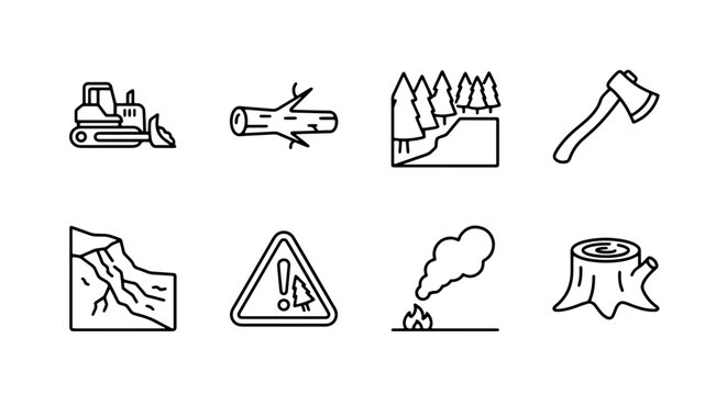 Deforestation icons set with bulldozer, felled tree, landslide, axe, fire and tree stump for environment and conservation