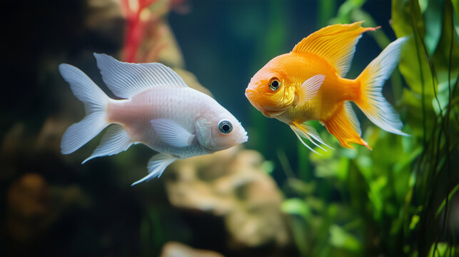 Two fish, one white and one orange, swim side by side in a planted aquarium filled with green plants and stones. They move freely in the water, creating a lively scene.