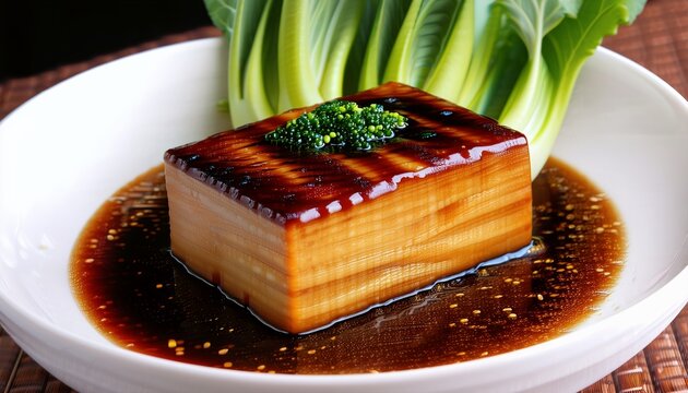 Braised Pork Belly Dongpo Rou with Bok Choy on White Plate