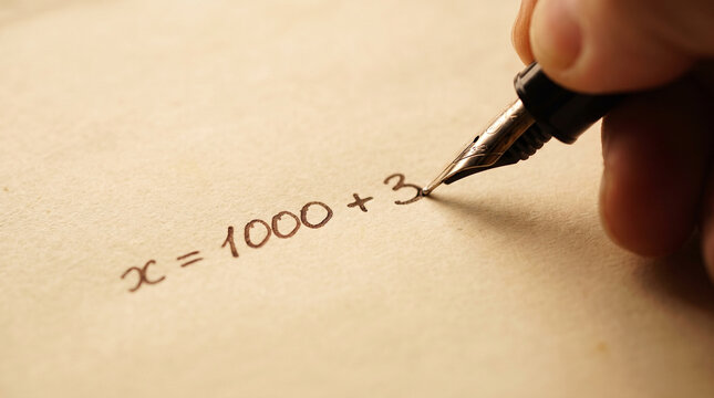 Hand Writing Math Equation X Equals 1000 Plus 3 with Fountain Pen on Vintage Paper