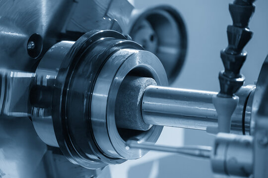 Internal surface finishing process of a high precision part by a grinding machine in a light blue scene