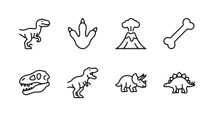 Dinosaur icons set with T-Rex, Triceratops, Stegosaurus, skull, footprint and volcano for prehistoric themes © Md
