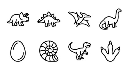 Dinosaur icons set with Triceratops, Stegosaurus, Pterodactyl, Brontosaurus, egg, ammonite, T-Rex and footprint for prehistoric themes © Md
