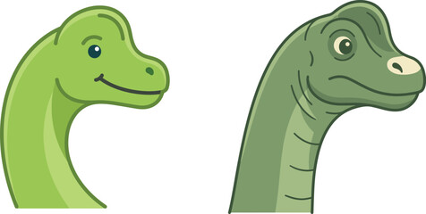 Brachiosaurus dinosaur head vector illustration with two smiling long-necked cartoon characters in light and dark green flat style © AI illustration 