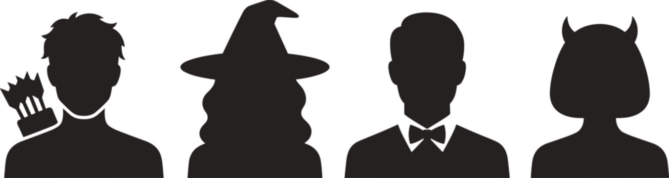 Set of four different character silhouettes including an archer, a witch, a man in a tuxedo, and a devil