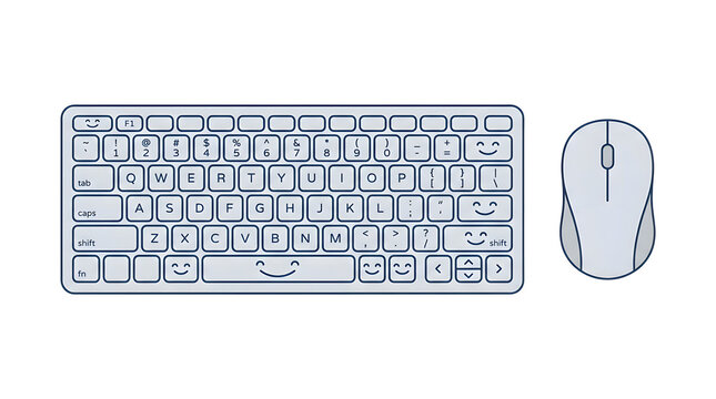 Minimalist grey computer keyboard and mouse set with cute smiling faces for cheerful desktop workspace.