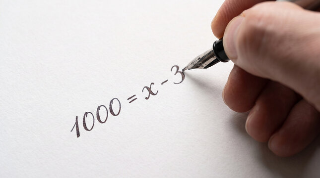 Hand Writing Math Equation 1000 Equals X Minus 3 with Fountain Pen on White Paper