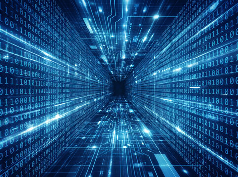 Cyber data tunnel background with binary numbers and glowing circuit board lines